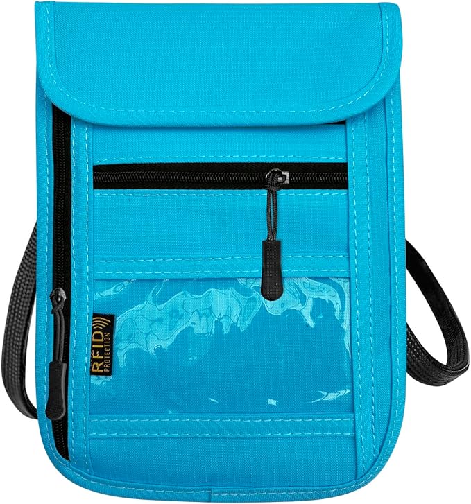 RFID Blocking Travel Neck Wallet Pouch and Passport Holder, Travel Neck Pouch Passport Holder for Women & Men - Light Blue