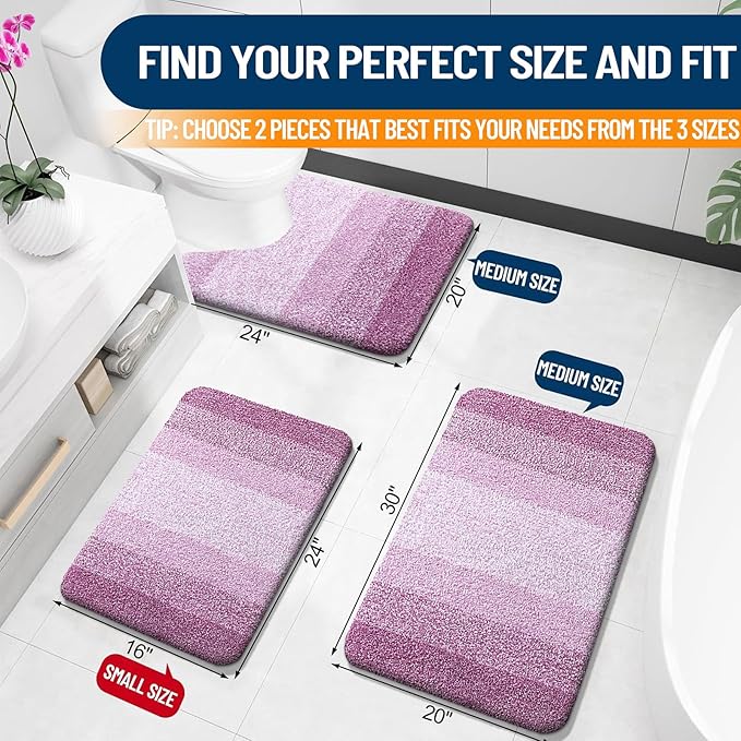 OLANLY Bathroom Rug Set 2 Piece, Soft Absorbent Microfiber Bath Mats and U-Shaped Contour Toilet Rug, Non-Slip, Machine Wash Dry, Plush Shaggy Bath Mats for Bathroom (24"x16"+U24 x20, Pinkish-Purple)