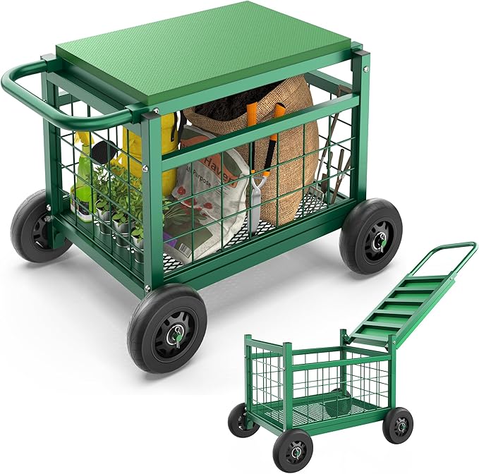 Garden Cart with Seat,3-in-1 Rolling Seat with Wheels for Seniors Gardening | Upgraded Heavy Duty Gardenning Cart with Seat, Supports up to 500 LBS for Seniors, Lawn, Patio & Backyard Gardening, Green