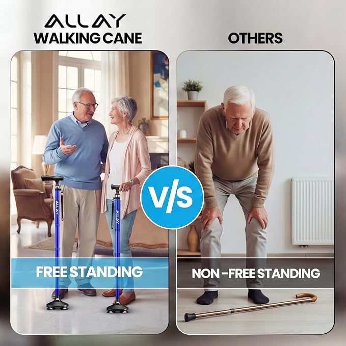 Allay Walking Canes for Men & Women - Adjustable Canes for Women for Stability, Self Standing Wide Quad Pivot Base, Light Weight, Soft Handle Grip and Travel Bag, Walking Sticks for Seniors
