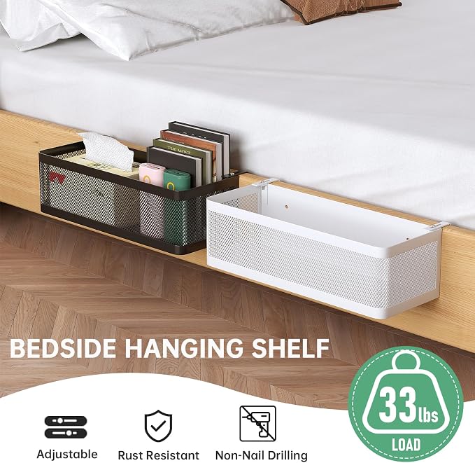 Bedside Caddy Shelf for Bunk Bed, Black, L13.78in*W5.12in*H3.94in | For Bunk Bed, Office Cubicle Walls, Crib Rails, Dorm Bed College Dorm Room Essentials, Large Capacity, Easy Install