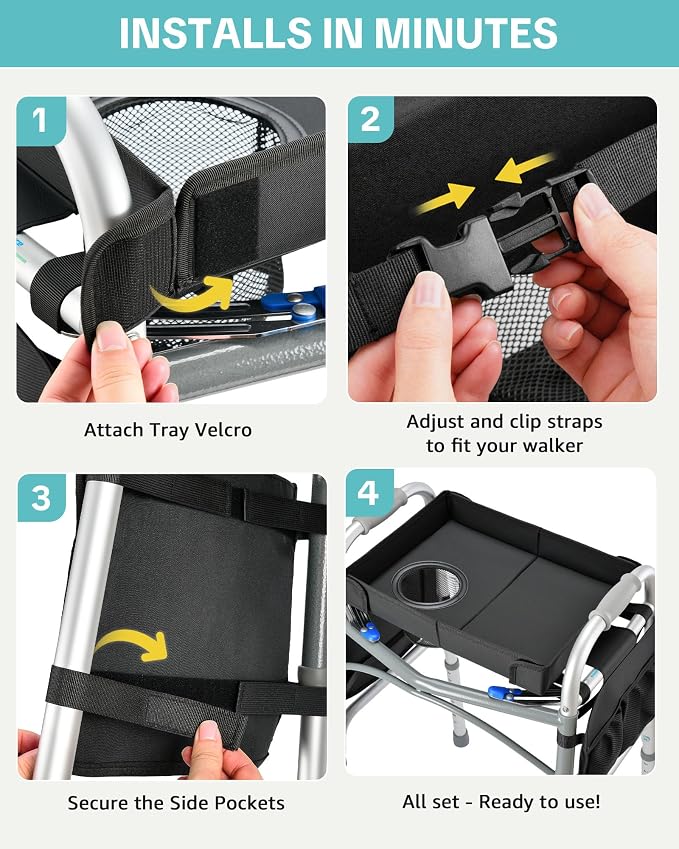 Walker Tray for Folding Walker, Side Pockets & Cup Holder | Fits 17–19" Folding Walkers with Side Bars, Easy Install, Adjustable Straps, Spill-Resistant Surface, Lightweight for Seniors