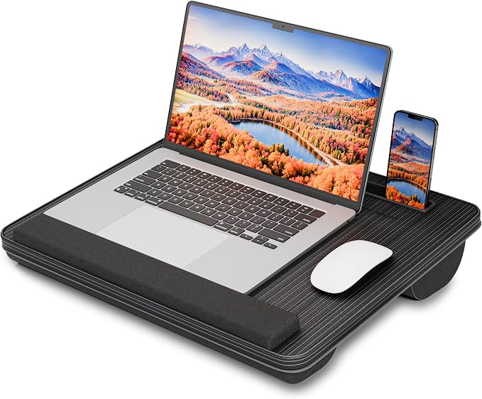 HETTHI Portable Lap Desk, Laptop Stand for Bed with Soft Wrist Rest, Tablet/Phone Slot, Fabric Handle, Laptop Bed Desk with Cushion (Black)