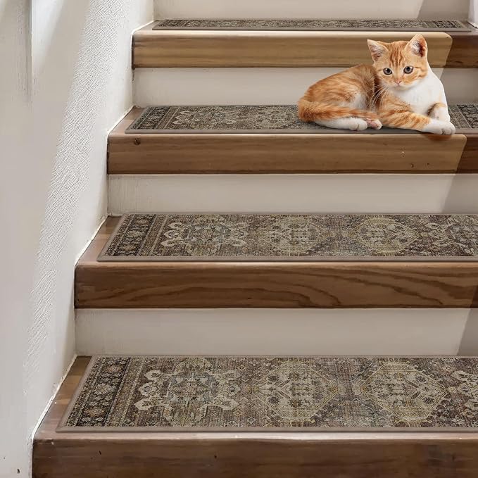 sarben 8"x30" Non Slip Stair Treads for Wooden Steps 15 Pack, Sage Brown | Peel and Stick Carpet Stair Runner with TPE Adhesive Backing, Carpet for Added Safety, Pet and Senior Friendly