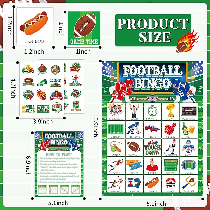 Lonfliness 39Pcs Football Bingo Game for Adults 24 Players American Football Bingo Game Cards with Reward Stickers for Family Friends Large Group Activities Sports Theme Birthday Party Favors
