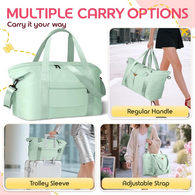 Duffle Bag for Travel, Carry-on Travel Bag with Trolley Sleeve, Sport Gym Bag for Women, Overnight Bag for Men, Hospital Bag for Labor and Delivery (Green)