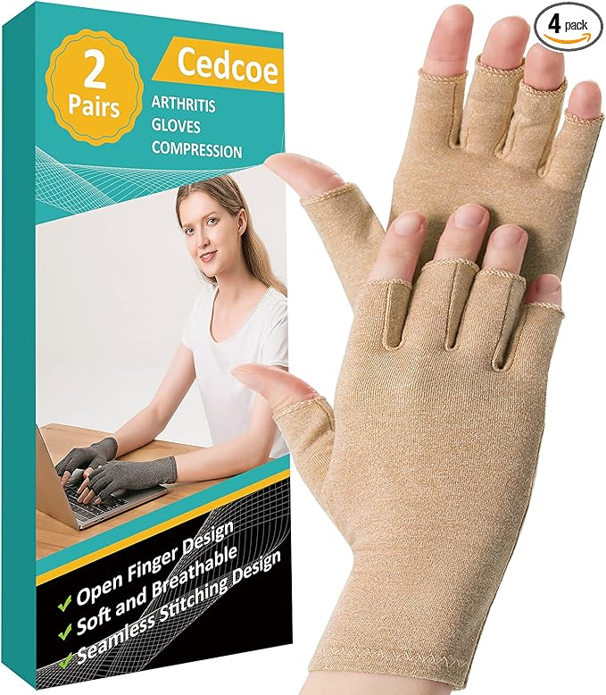 2 Pairs Arthritis Gloves Fingerless Compression Gloves for Relieve Rheumatoid Arthritis, Osteoarthritis, Carpal Tunnel, Joint Pain for Women and Men to Daily Work (Coffee, Small)