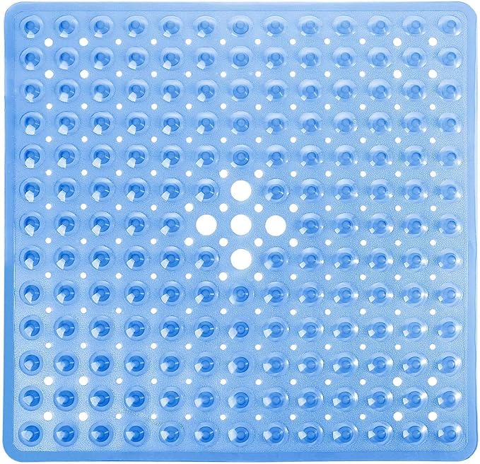 Yimobra Shower Stall Mat Non Slip, 21x21 Inch, Soft Square Bath Mat for Shower with Suction Cups and Drain Holes, Stall Floor Mats for Bathroom, Machine Washable, Bathroom Accessories, Clear Blue