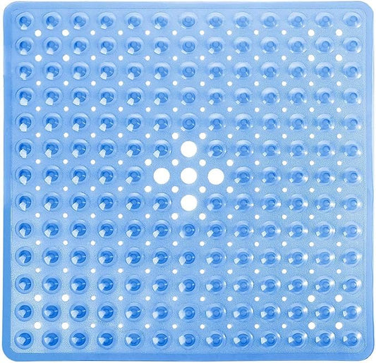 Yimobra Shower Stall Mat Non Slip, 21x21 Inch, Soft Square Bath Mat for Shower with Suction Cups and Drain Holes, Stall Floor Mats for Bathroom, Machine Washable, Bathroom Accessories, Clear Blue