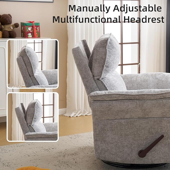 Oversized Glider Rocker Recliner, 24" Extra Wide 360° Swivel Nursery Recliner with Adjustable Headrest, Chenille Rocking Nursery Chair with Overstuffed Armrest, Lumbar Support, Light Grey