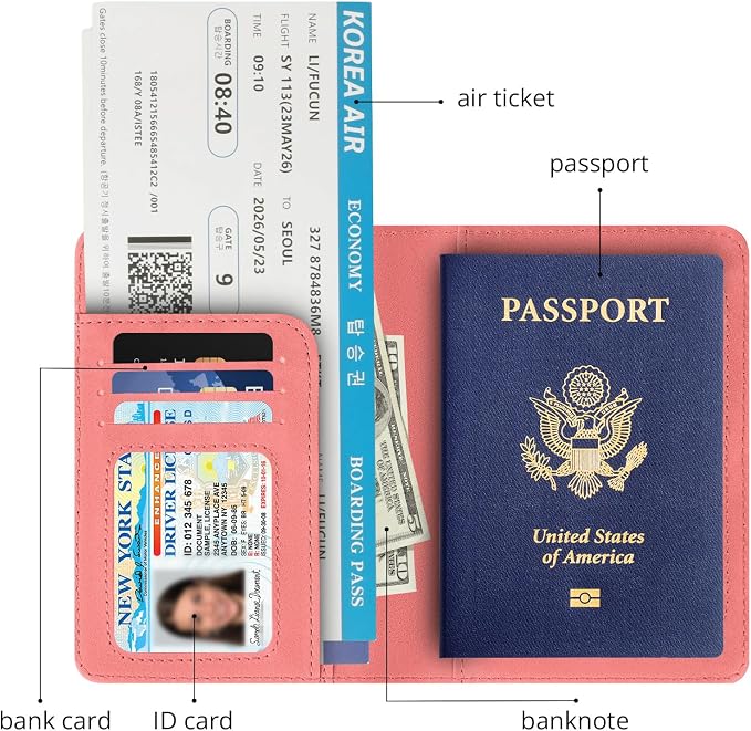 Passport Holder for Travel Essentials,RFID Blocking Passport Cover Wallet Card Case for Women and Men (Pink)