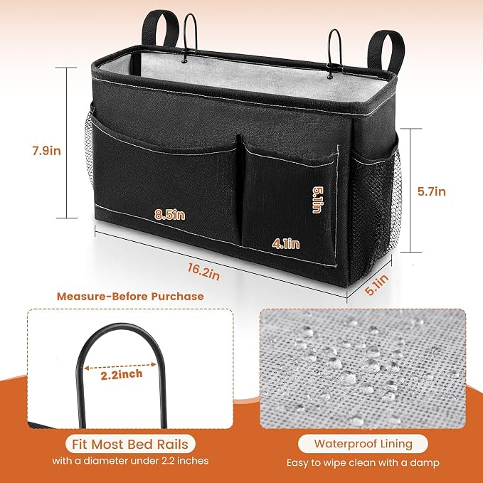 Bedside Caddy for Dorm Bed, Bedside Storage Bag Hanging Organizer | Metal Frame, Water-Resistant Lining, Fits Bed Rails up to 2.2 In, Adjustable Straps, Bunk and Hospital Beds(1 Pack, Black)