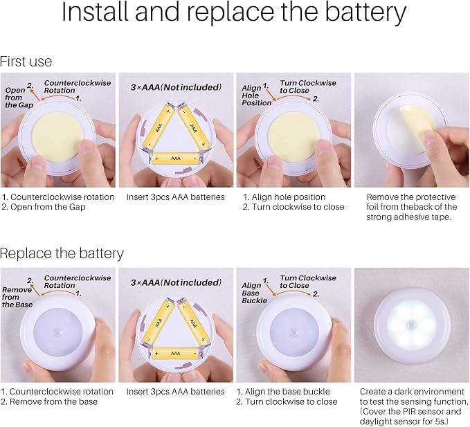 STAR-SPANGLED 2.8” LED Motion Sensor Light Indoor AAA Battery, 6 Pack White | Stick on Puck Light Battery Operated, Round Motion Activated Night Lamp, For Closet Stairs Under Cabinet Kitchen Pantry Shelf