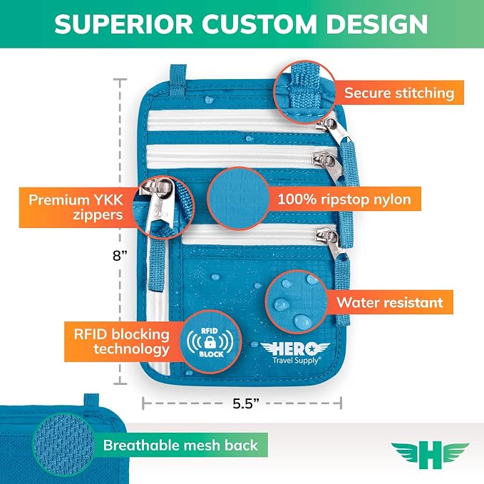 HERO Neck Wallet - RFID Blocking Passport Holder, Easy to Conceal Travel Pouch (Aqua)