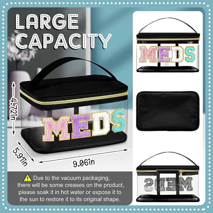 Geetery Medicine Bag Chenille Letter Patch Meds Bag Nylon Portable Travel Makeup Cases Preppy Patch with Zipper Cosmetic Toiletry Storage for Women