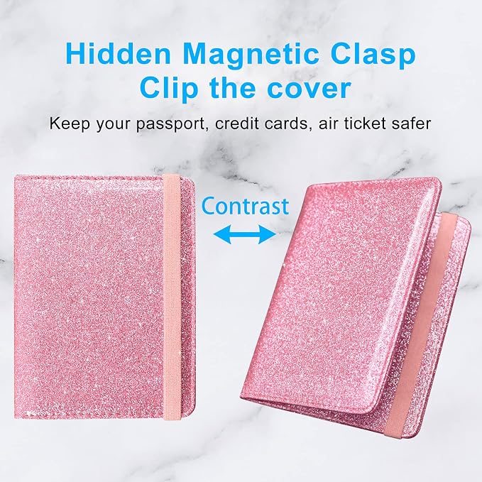 ACdream Passport Holder Cover, Leather Travel Wallet Case, RFID Blocking Document Organizer Protecrtor, with Slots for Credit Cards, Boarding Pass, for Women and Men, Glitter Pink