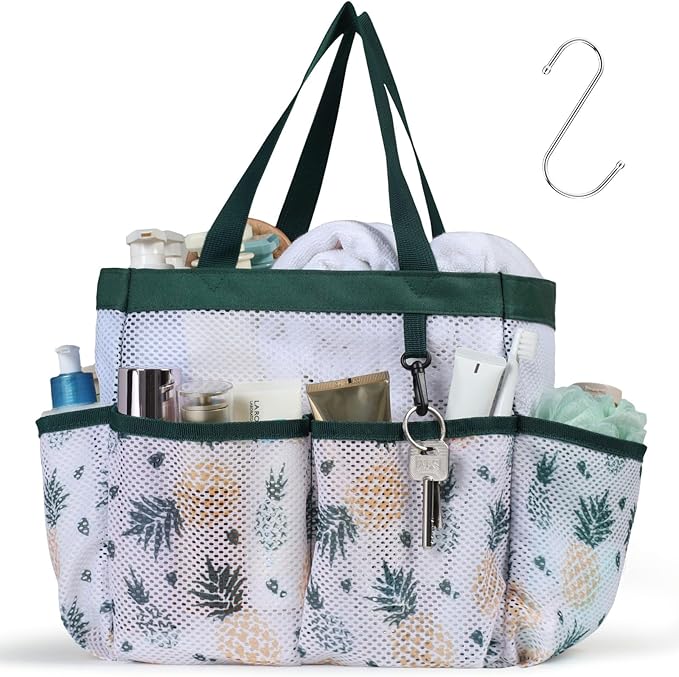 F-color Shower Caddy Portable - Mesh Shower Bag Basket Tote for College Dorm Room Essentials Bathroom Gym Camp Quick Dry for Women Men with S Hook, Green Pineapple | 2-Handle, Quick-Dry, Toiletry Organizer, College Dorm Room Essentials for Girls, Gym, ...