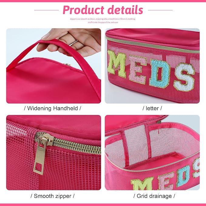 Medicine Bag, Portable Meds Bag with Chenille Letters, Breathable Mesh Makeup Bag Organizer for Travel, Pill Storage & Cosmetic Collection