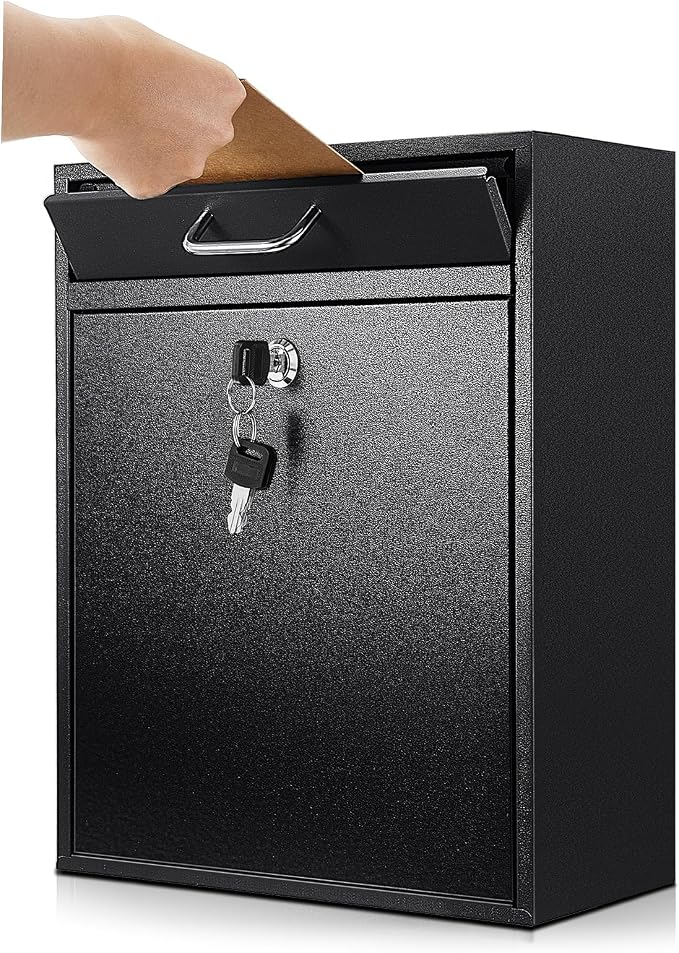 Yaocom Locking Mailbox with Key for Outdoor 14 x 12 x 4 Inches Large Wall Mount Mail Box with Lock Security Mail Drop Metal Collection Boxes Hanging Secure Postbox (Black)