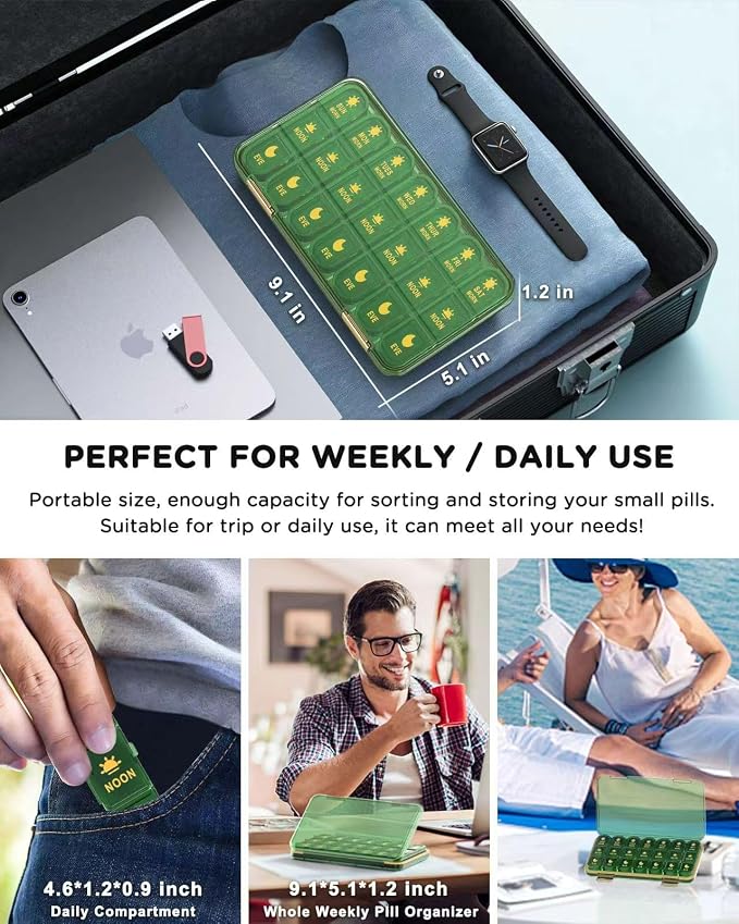 Pill Organizer 3X A Day, Weekly 7 Day Pill Box 3 Times A Day, Acedada Daily Travel Pill Case with 21 Compartments, Portable Medicine Organizer Container for Vitamin Fish Oil Supplement, Green