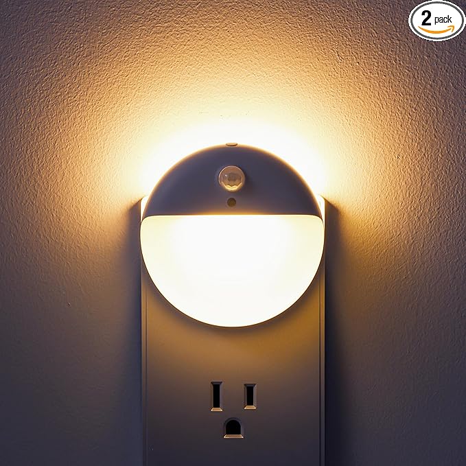 2 Pack Plug in Night Light with 3 Lighting Ways, Stepless Dimming, Light Sensor, Warm White Nightlight for Bathroom, Hallway, Stairs, Bedroom, Kitchen, Kids, Girls, Boys, Adults
