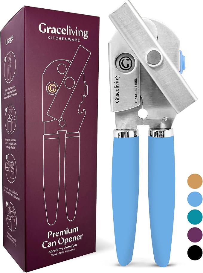 Heavy Duty Manual Can Opener with Magnetic Lid Lifter, Blue | Premium Stainless Steel Body, Sharp Cutting Blade, Oversized Easy-Turn Knob, Soft-Touch Handle, Bottle Opener, Kitchen Use