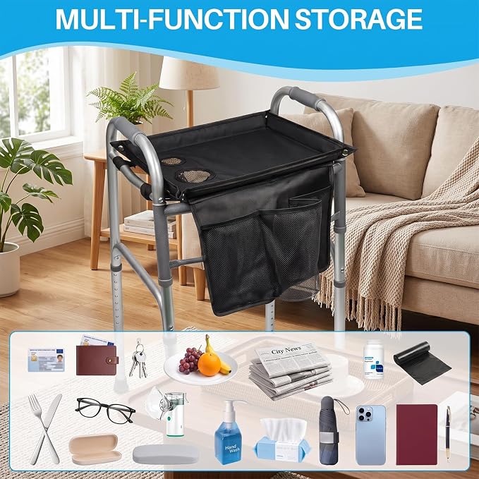Walker Tray for Folding Walker with Baffles and Cup Holder,Trays for Walkers Detachable,Walker Trays for Rolling Folding Walker,Walker Accessories for Elderly
