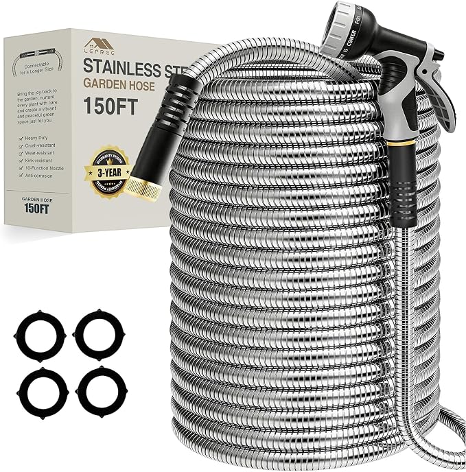 Lefree 150ft Stainless Steel Garden Hose - Metal Water Hose | No Kink Leak-Proof Crush Resistant, Upgraded Protective Rubber Sleeve, for Lawn Care, RV Camp, Long-Distance Yard Watering