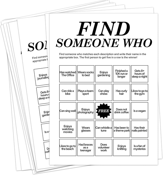 Find Someone Who Bingo Cards, 25 Unique Randomized 5x7 Sheets, Get to Know You Bingo Game for Adults, Ice Breaker Office Party Games, Team Building Games for Work, High Replay Value - B004