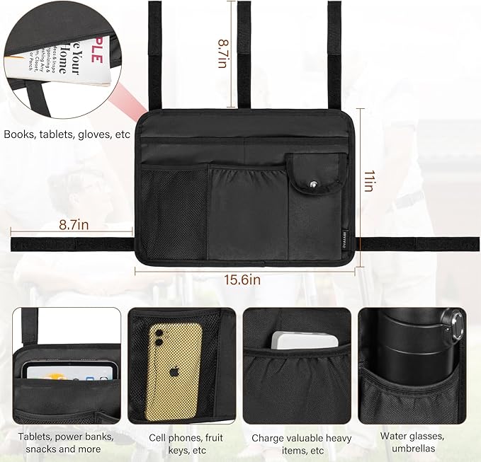 Walker Bag Multiple Pockets Walker Basket for Folding Walker with Cup Holder Bag for Walkers for Seniors Rollator Accessories Bag Black