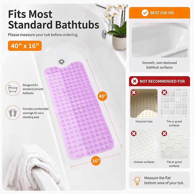 Yimobra Non Slip Bathtub Mat 40 x 16 Inch, Extra Long Shower Mat with Drain Holes, Machine Washable Baby Bath Mats, Strong Suction Cups for Bathroom Floor, Clear Purple