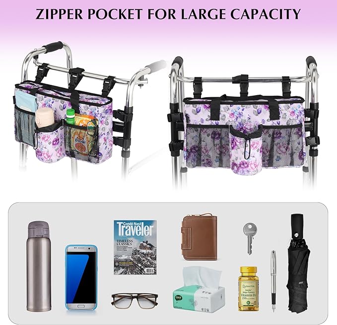 Walker Accessories for Folding Walker Seniors with Cup Holder Walker Bag Organizer Pouch Storage Buckle Carry Things