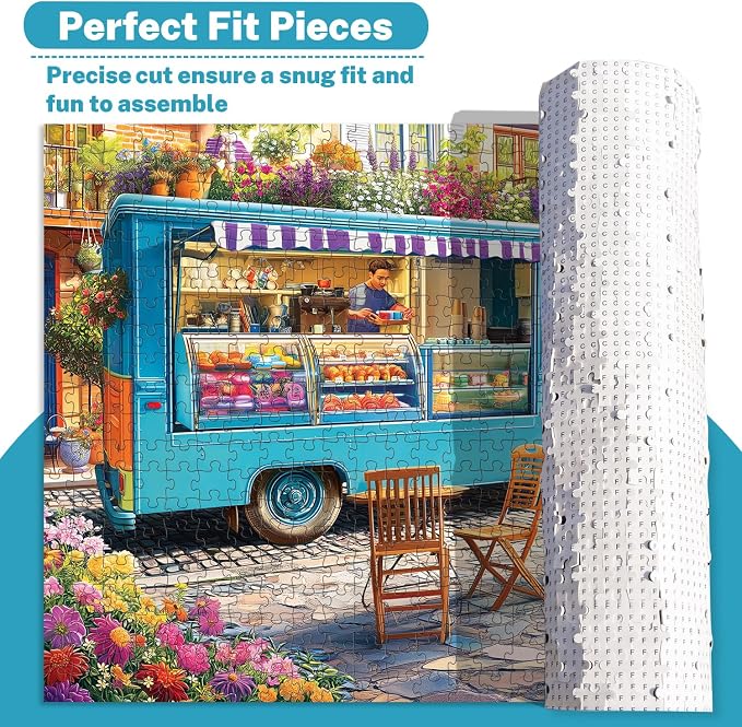 500 Piece Jigsaw Puzzle for Adults, Colorful Coffee Truck on Floral Street | Fresh pastries, vibrant blossoms, cozy sidewalk cafe vibes, family game night, screen-free fun, wall decor and unique gifts
