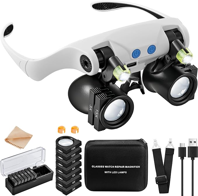 JARLINK Magnifying Glasses with LED Light, Hands Free Magnifier with 14 Interchangeable Lenses 3X 4X 5X 6X 7X 10X 15X, Magnifying Glasses for Close Work, Crafts, Jewelry, Electronics Repair (Black)