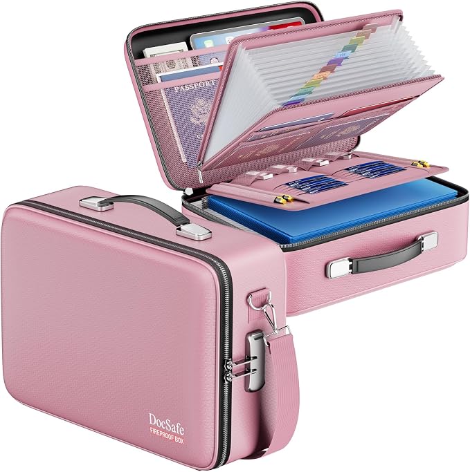 DocSafe Fireproof Document Box with Lock＆Shoulder Strap,Hard Case File Organizer with Accordion File Folder,Multi-Layer Portable Home Office Travel Safe Storage for Important Documents Laptop Pink