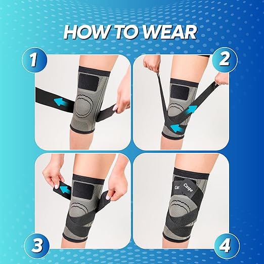 Caspe 2 Pack Knee Compression Sleeve with Strap – Knee Brace for Women & Men, Support for Running, Gym, Sports, Mild Arthritis, Pain Relief, Training, Daily Use (Gray, Medium)
