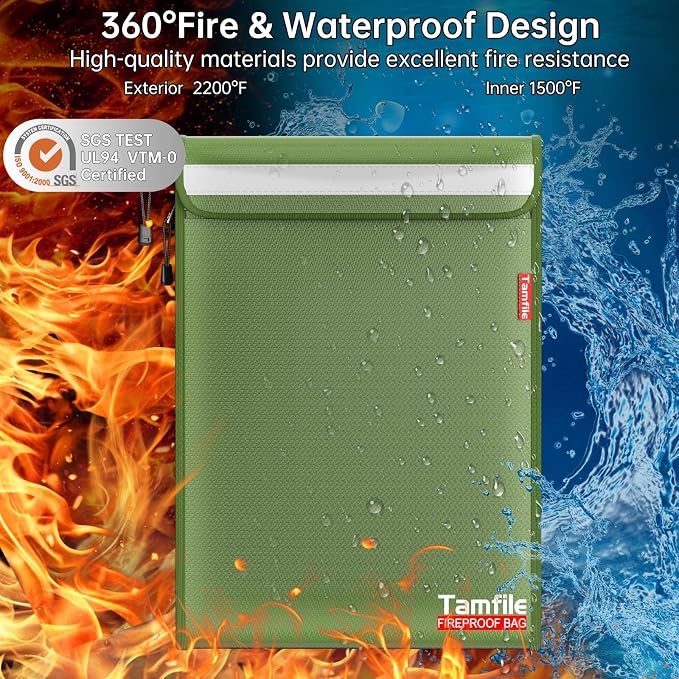 6400℉ Fireproof Document Bag, 15”x 11” Waterproof Document Organizer, Green | Fireproof Money Bag, 2 Pockets,Safe Important Document Organizer for A4 A5 Legal Letter Size, Valuables, Legal Documents