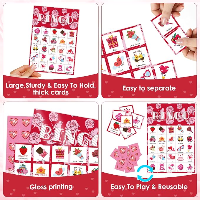 OHOME Valentines Crafts for Kids - Valentines Bingo Cards - Kids Gifts for School Classroom | 24 Players Valentines Day Accessories Party Favors - Valentine Toys Games for Boy Girl