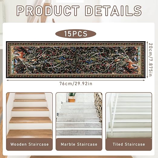 Tree of Life Stair Treads 15 Pack Non Slip Washable Runner | 15PCS Tree of Life Runners Non Slip Washable, Peacocks Deer Rug Carpet 8x30 Inch, Stairs Silicone Backing