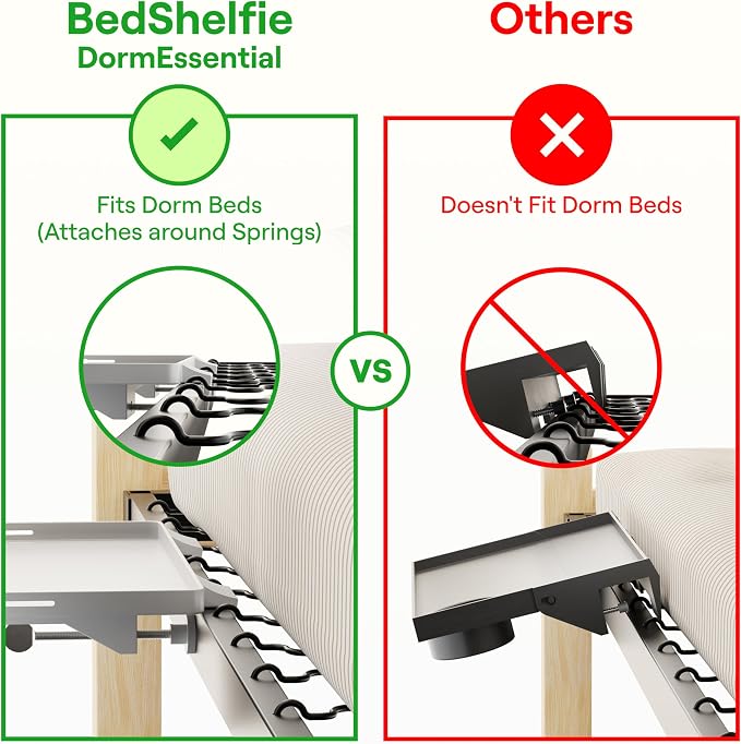 BedShelfie Bedside Shelf for Dorm Room - Dorm Essential, White | Bunk Bed & Top Bunk, College Dorm Room Essentials, Bedside Caddy, Clip on Floating Desk Tray, Bed Side Table, Loft Nightstand