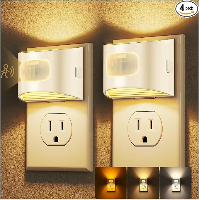DORESshop LED Night Light[4 Pack], Night Lights Plug into Wall, 3 Color Temperatures Plug in Night Light with Motion Sensor, Dusk to Dawn Sensor, Nightlights for Adults, Bedroom, 3CCT, White Cover