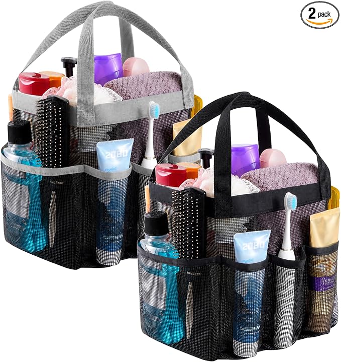 Lifewit Mesh Shower Caddy 2 Packs, Freestanding Portable Shower Tote Bag for Dorm, Bathroom, Gym, Travel, Quick Dry Hanging Organizer with 7 Storage Pockets for Toiletry Essentials, Black&Grey