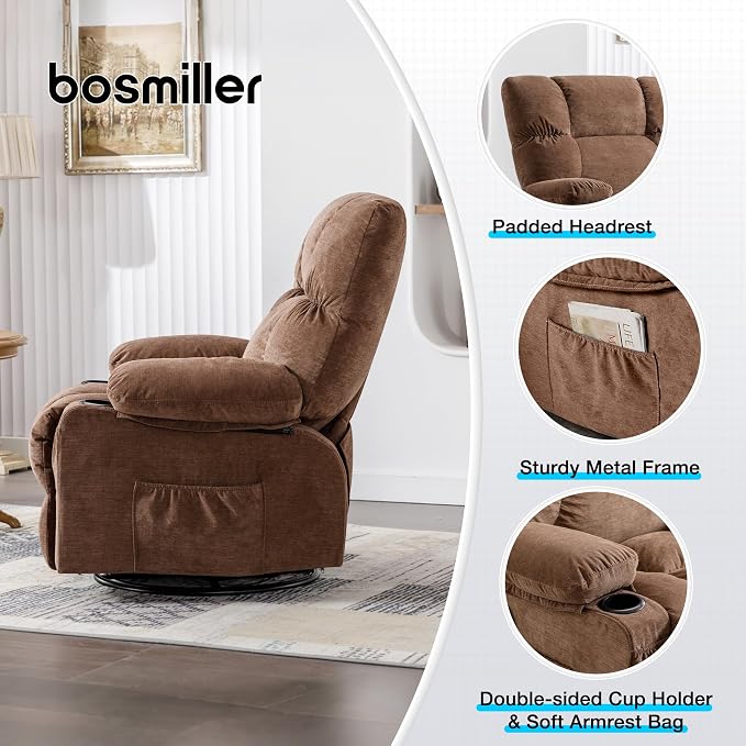 MAHOMICO Oversized Recliner Chair with Massage and Heat, 360° Swivel Rocker | Fabric swivel rocker recliner with ergonomic support, USB charging, cup holders and side pocket for living room