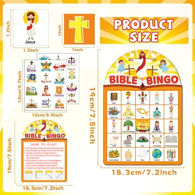 39 Pcs Bible Theme Bingo Game for Adults 24 Players Christian Party Bingo Game Cards with Reward Stickers for Family Friends Large Group Gathering Christian Sunday School Church Open Day Favors