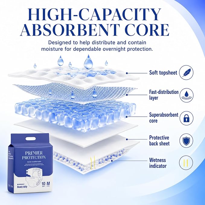 Adult Incontinence Briefs Tab Style, Heavy Absorbency with Wetness Indicator, Refastenable Tabs, Breathable & Soft, Men and Women, Medium & Large, 10 Count