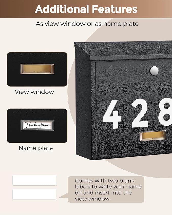 LAND·VOI Locking Wall-Mount Mailbox for Outside, with 4 Keys, Galvanized Steel Rustproof Metal Postbox, 4" Dx13.8 Wx11.2 H, Includes 3 Sets of Mailbox Numbers, Nameplate, Black, AMB33B