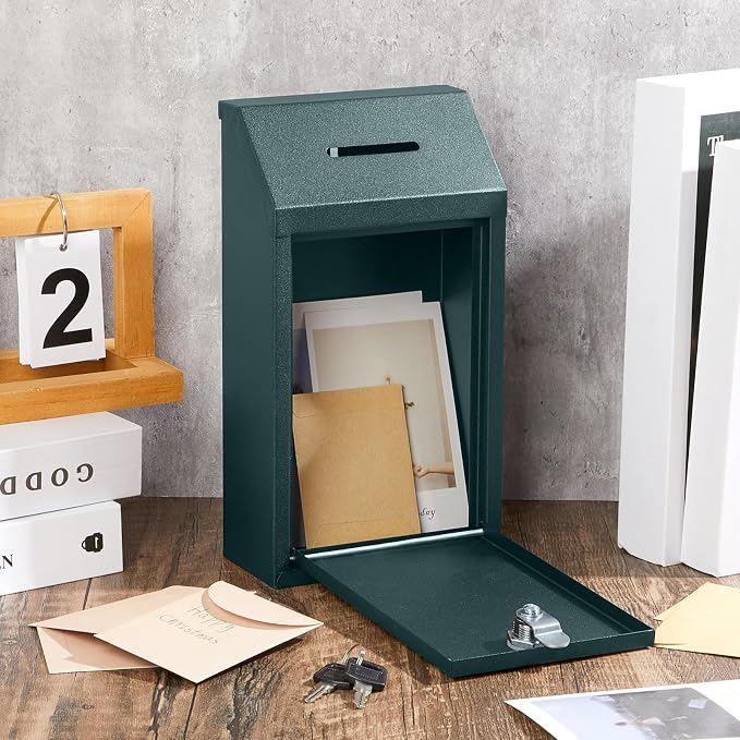 Yaocom Metal Money Box,Dark Green,10.24 x 5.71 x 2.95 Inch,No Lid | Wall Mounted Drop Donation Cash Box for Farm Stand Collection Safe Suggestion Box with Lock Container for Home Office Outdoor