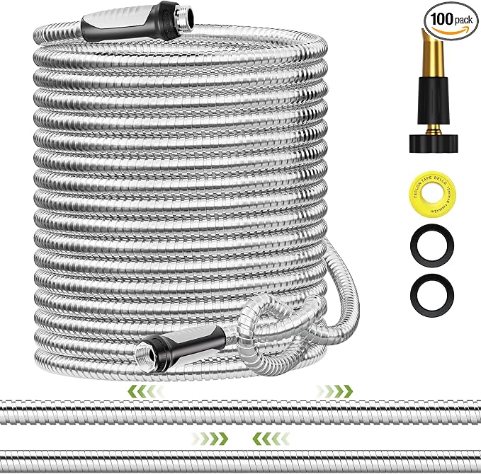 SPECILITE Expandable Metal Garden Water Hose 100 FT with Adjustable Nozzle | 1.5X Expandable, 304 Stainless Steel Heavy Duty, Flexible, Kink Free, Leak-Proof, Lightweight, for Reel Outdoor Yard Car Wash