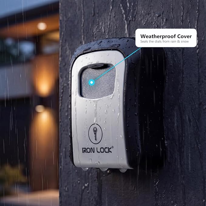 Iron Lock® Medium Wall Mount Combination Key Lock Box, Outdoor (Grey) | Screw-in wall mount (4 screws + 4 anchors) — not magnetic, does not hang; weather-resistant zinc alloy, includes key hanger