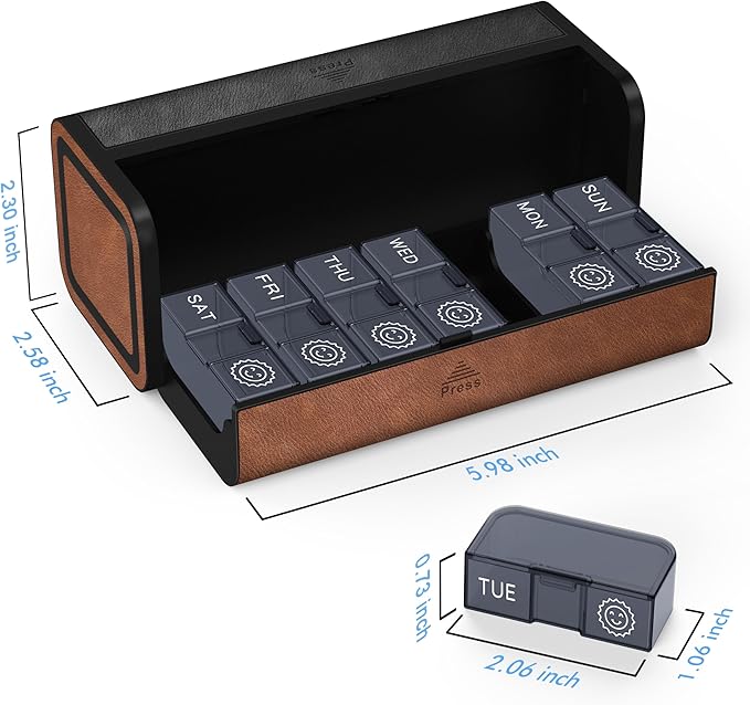 Weekly Pill Organizer 2 Times a Day, Large Travel Pill Box 7 Day, Twice Daily AM PM Pill Case, Removable Pocket Pharmacy, Pill Container Holder for Vitamin, Medicine (Black and Brown)